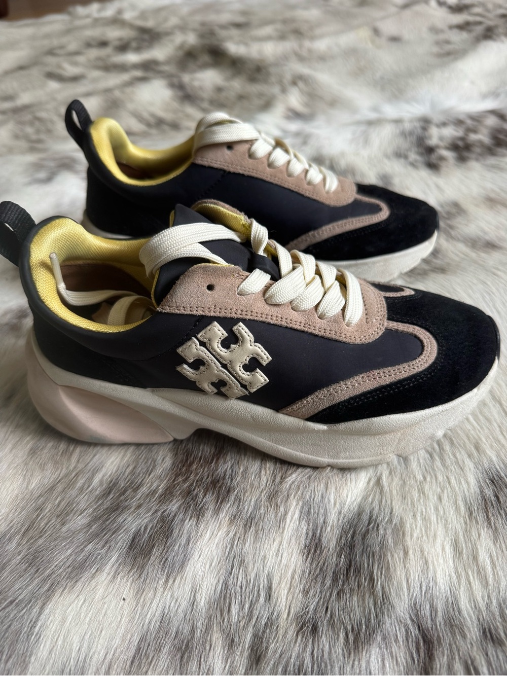 Tory Burch Black, Beige & Yellow Mixed-Material Platform Sneakers